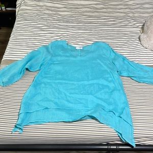Baby blue 100% linen blouse top v cut neckline